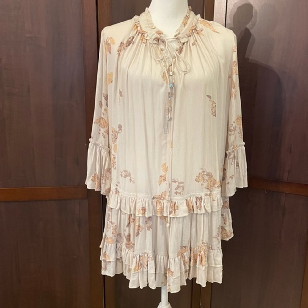 🌴Free People Beige Brown Orange Floral Dress With Ruffled Bottom & Sleeve…